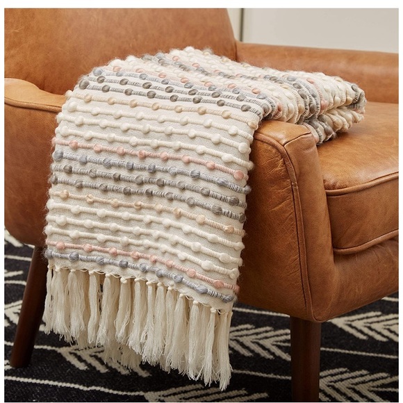 Cream Navy Blue Farmhouse Modern Chic Cozy Cute Textured Polka Dot Throw Blanket - Picture 5 of 7